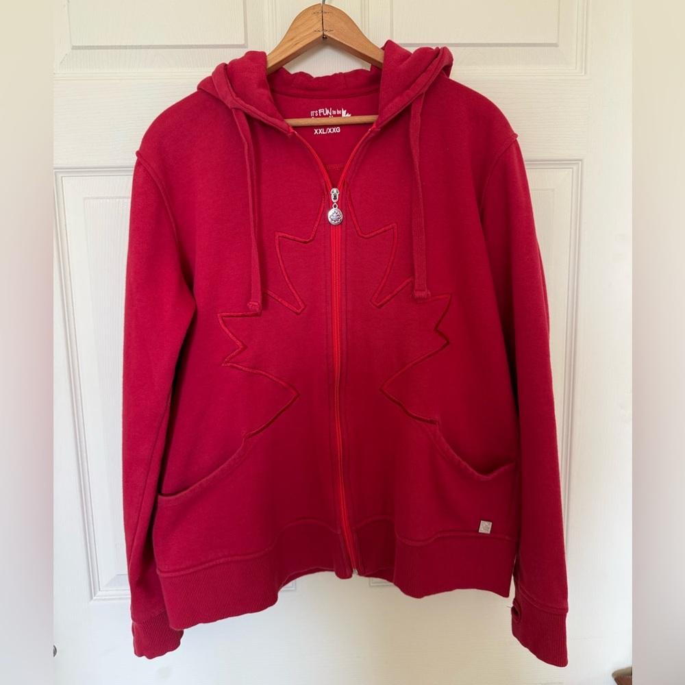 Red Zip-Up Hoodie with Maple Leaf Design